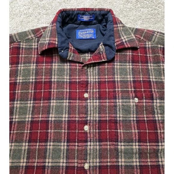 Pendleton Red Green Brown Plaid Virgin Wool Flannel Shirt Elbow Patch Mens M - Picture 4 of 16